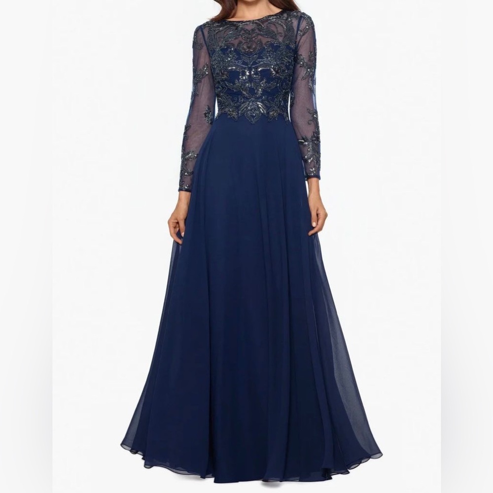 Xscape Navy Long Sleeve Gown